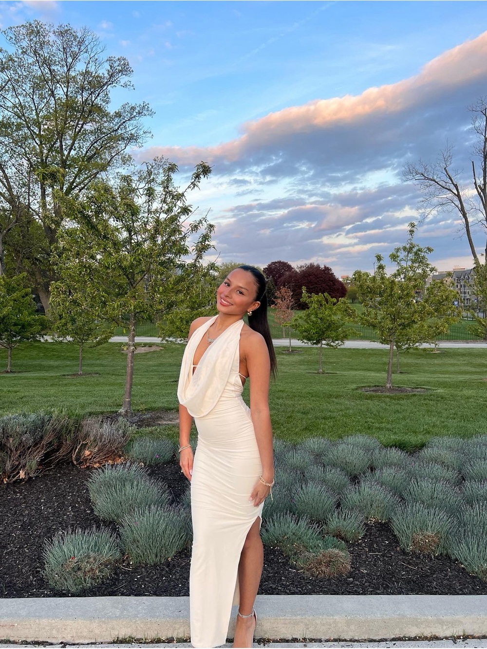 Draped Halter Ivory Maxi Dress with Side Slit
